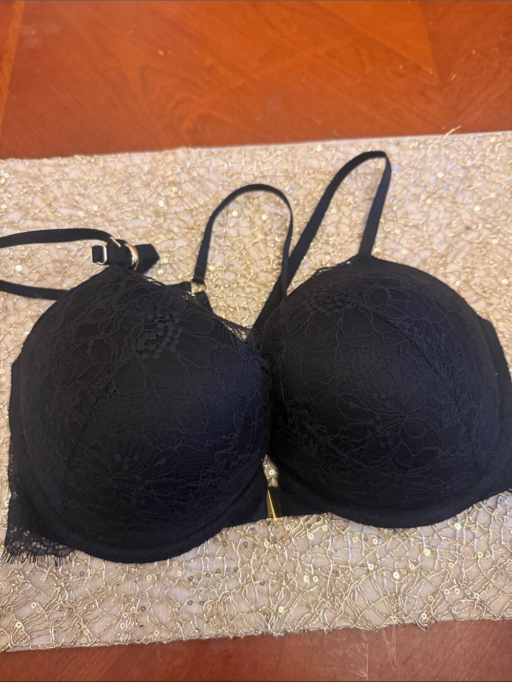 Victoria's Secret Black Lace Push-Up Bra with Gold Accent